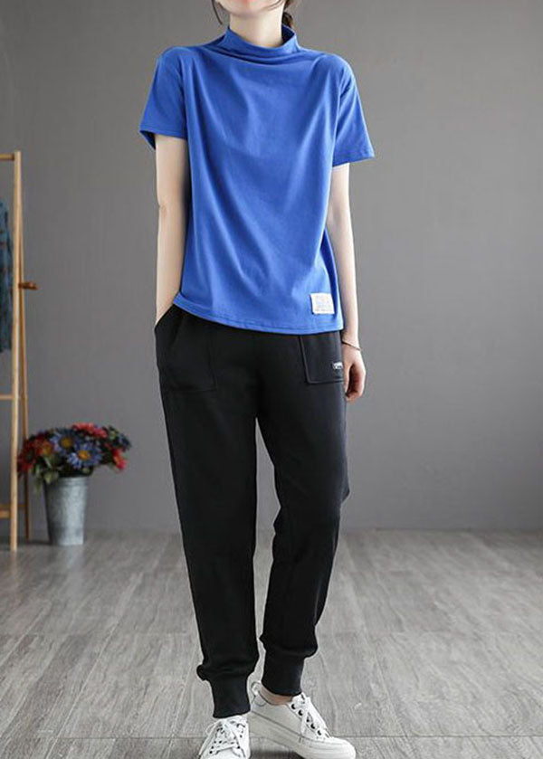 Blue Hign Neck Patchwork Cotton Top Half Sleeve