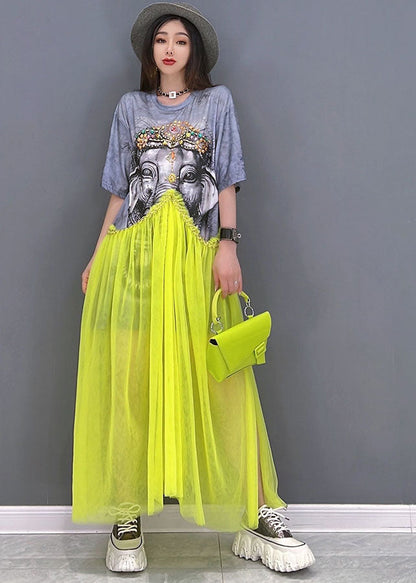 Grey O-neck Patchwork Tulle Print Cotton Maxi Dress Short Sleeve