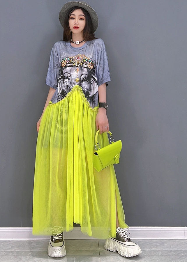 Grey O-neck Patchwork Tulle Print Cotton Maxi Dress Short Sleeve