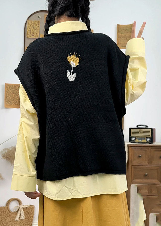 Diy Black O-neck Knit Waistcoat Fall