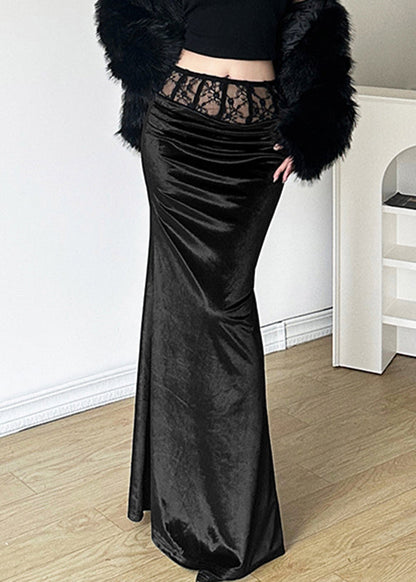 Black Silm Fit Silk Velvet Wraped Skirt Spring