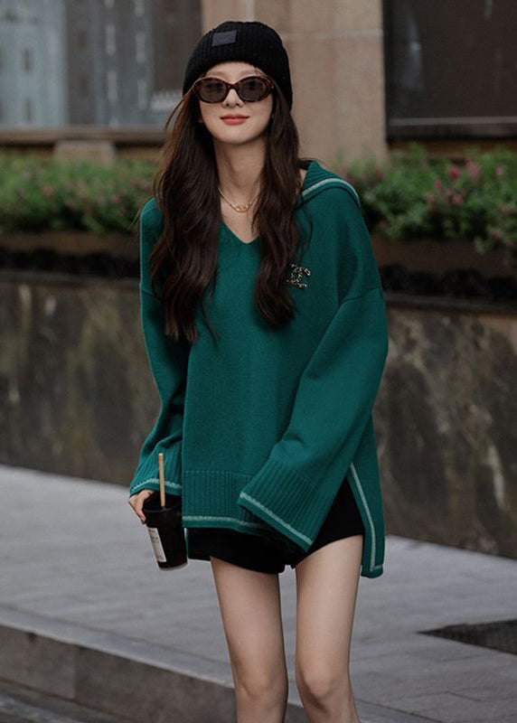 Green Sailor Collar Side Open Cozy Knitted Tops Spring