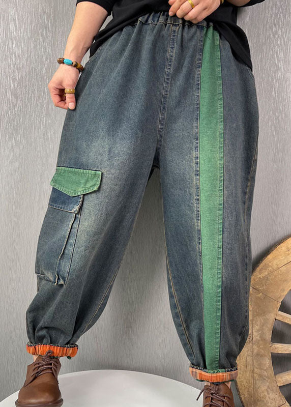 French Blue Patchwork Denim Pants Spring