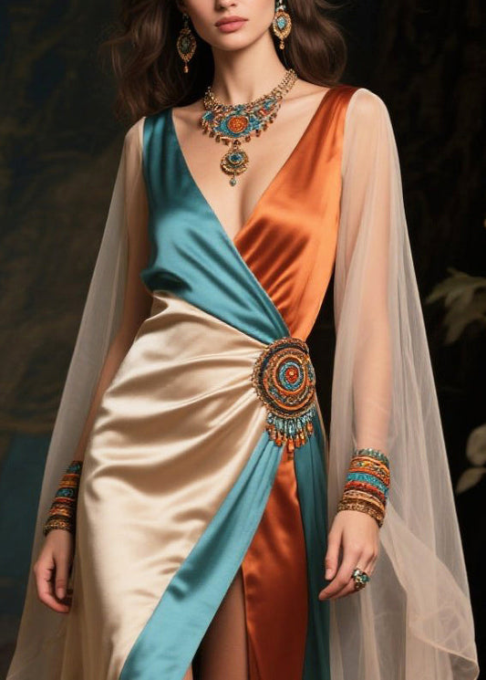 Colorblock Asymmetrical Patchwork Silk Party Dress Summer
