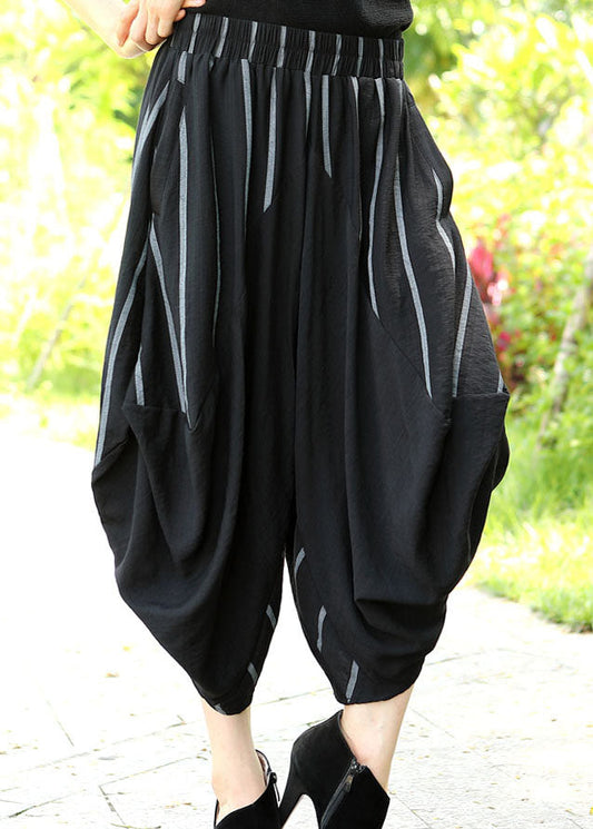 Comfy Black Striped Patchwork Asymmetrical Design Crop Spring Pants