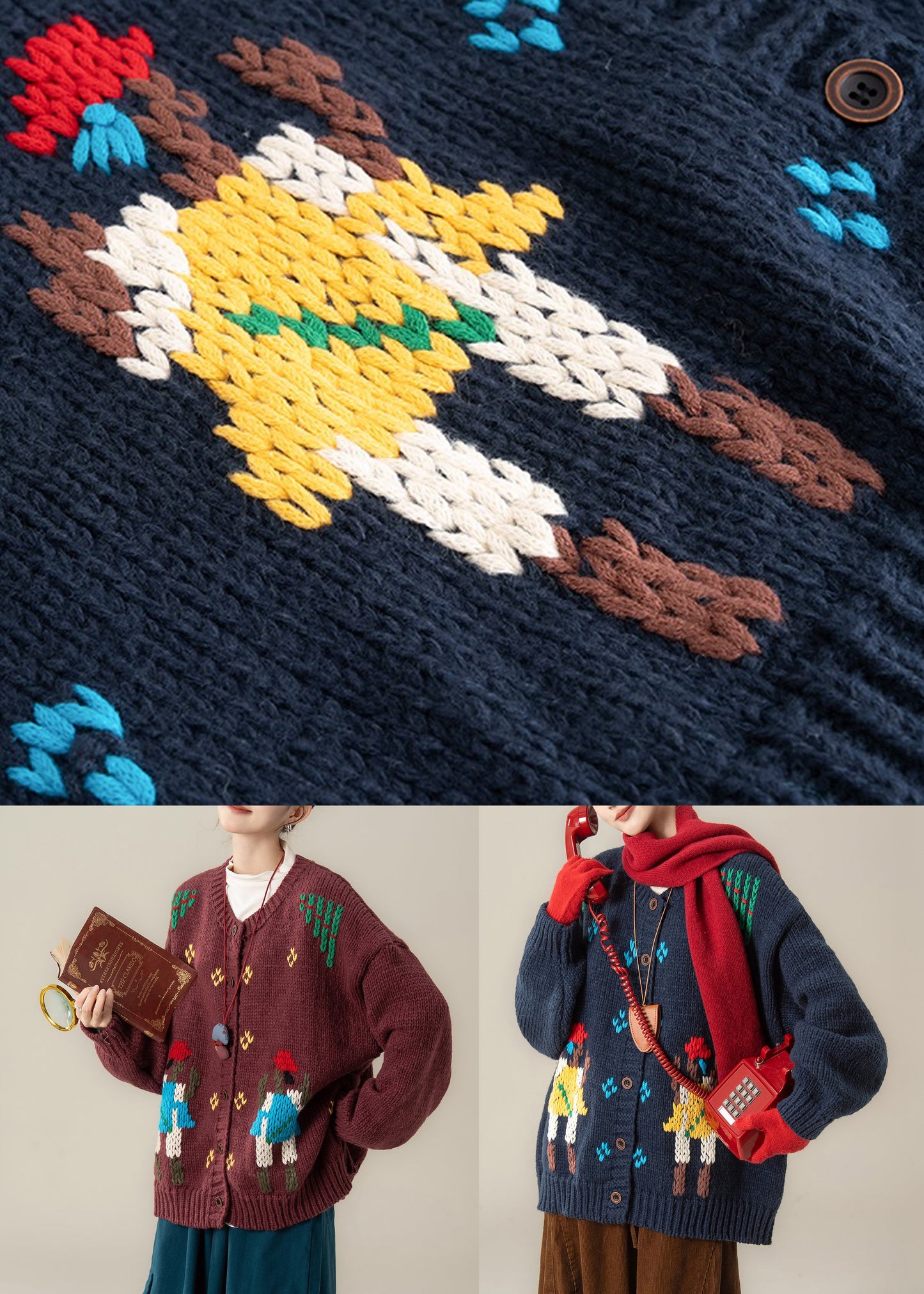 Red Jacquard Cozy Oversized Knit Fall Coat O Neck