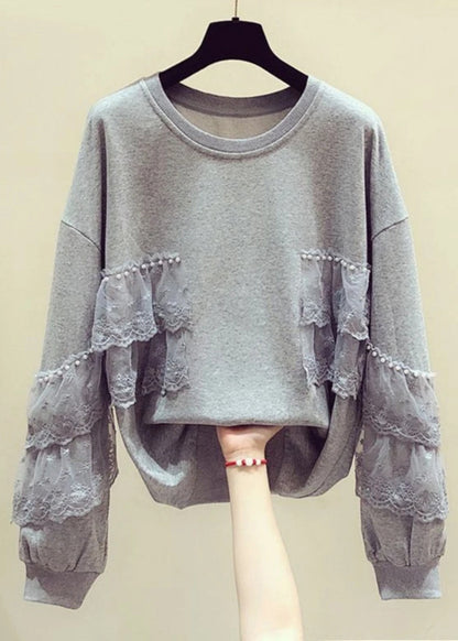 Loose Grey Pearl Lace Patchwork Cotton Spring