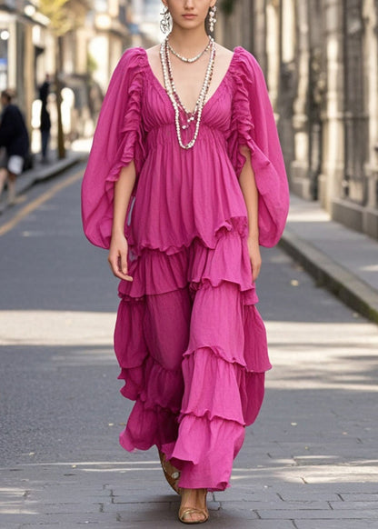 Rose V Neck Layered Cotton Ankle Dress Batwing Sleeve