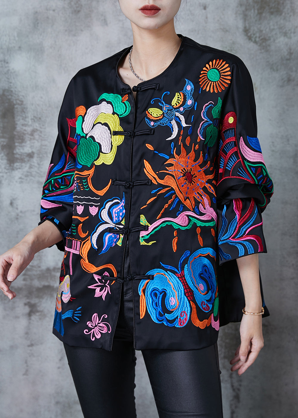 Black Embroidered Chinese Button Silk Coats Fall