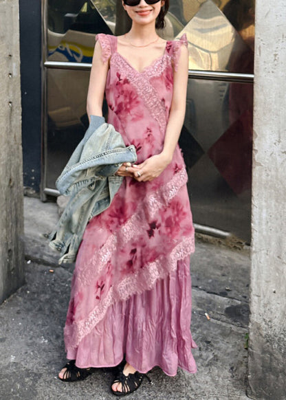 Orange V Neck Lace Patchwork Long Dresses Sleeveless