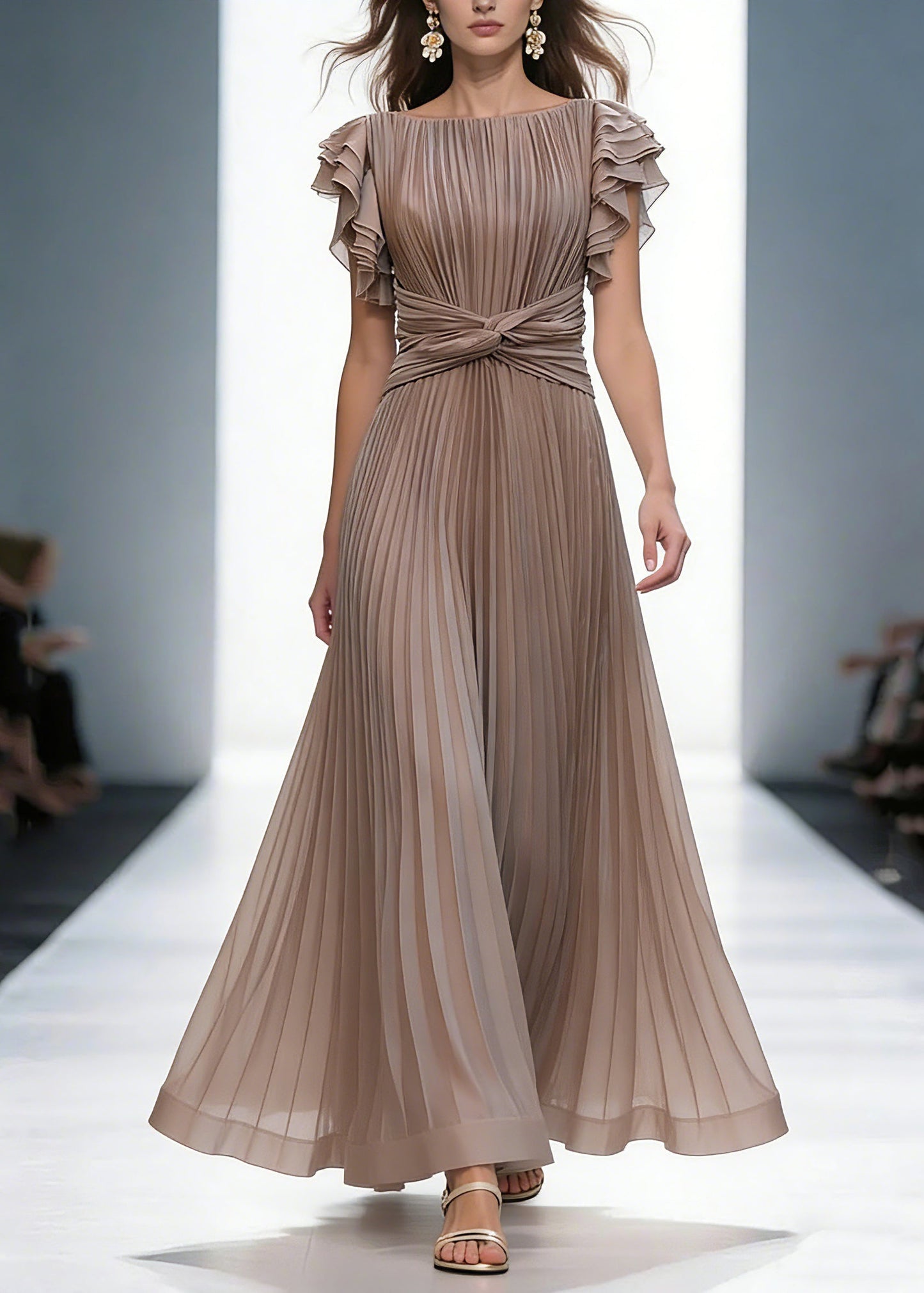 Mocha Queen Pleated Ruffle Sleeve Cross Waist Maxi Dress