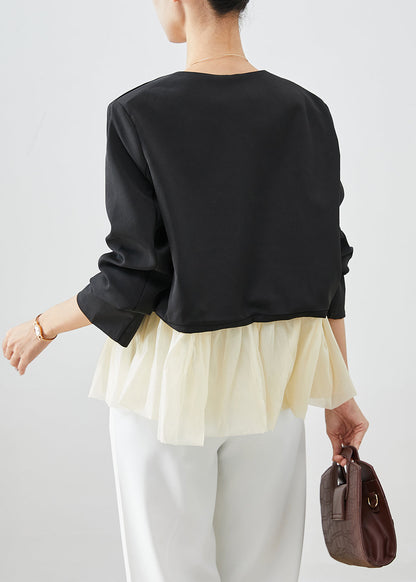 Black V Neck Patchwork Spandex Coats Fall