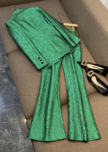 Boutique Green Coat and Pants Cotton Two Piece Set Outfits Fall