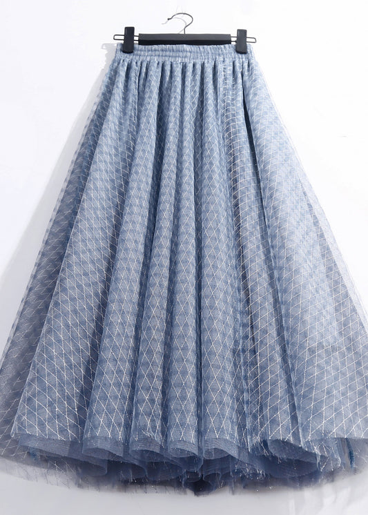 Blue Elastic Waist Plaid Tulle a Line Skirts Spring