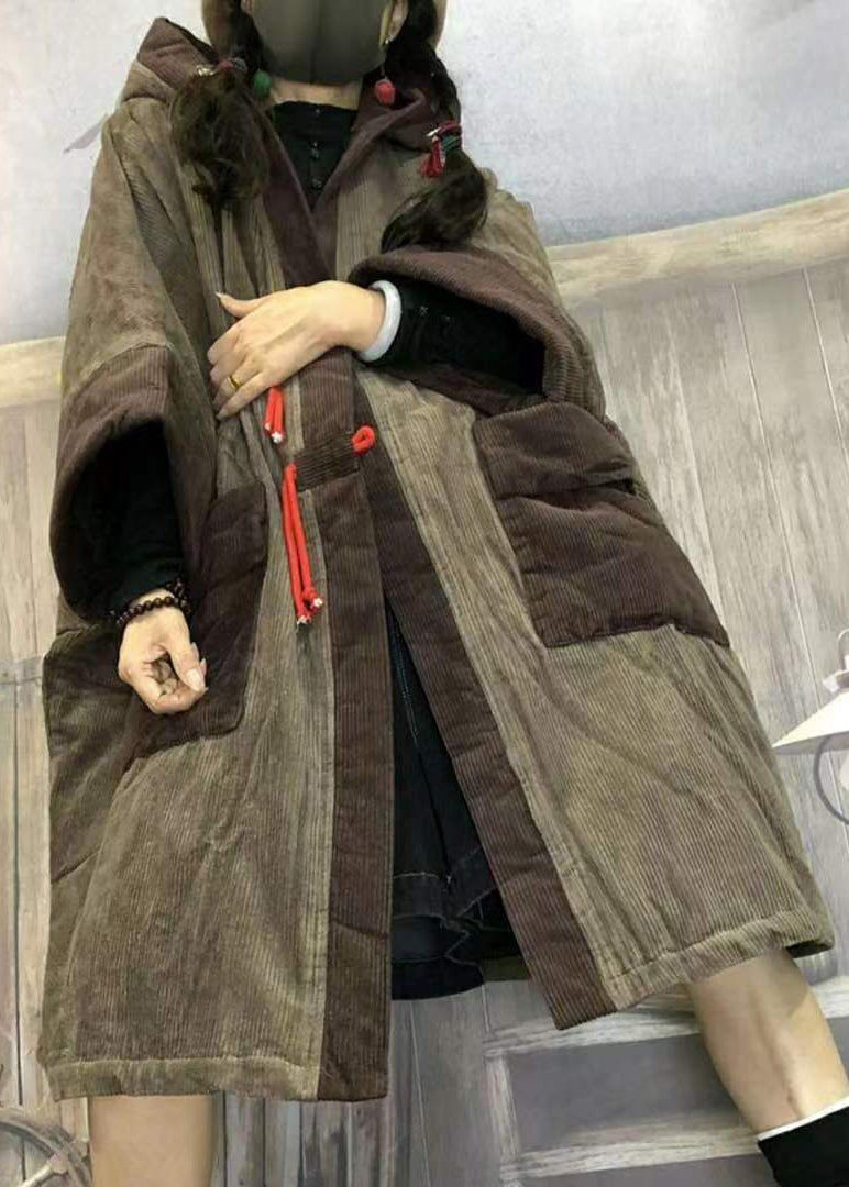Camel Hooded Pockets Patchwork Corduroy Warm Fleece Coat Winter