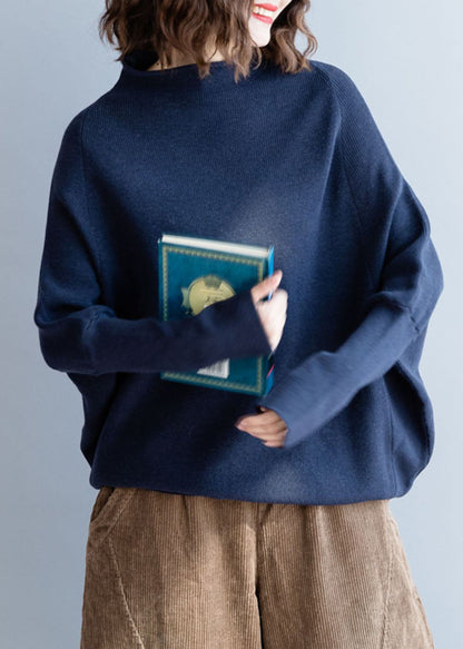 Navy Stand Collar Chunky Oversized Knit Sweaters Batwing Sleeve