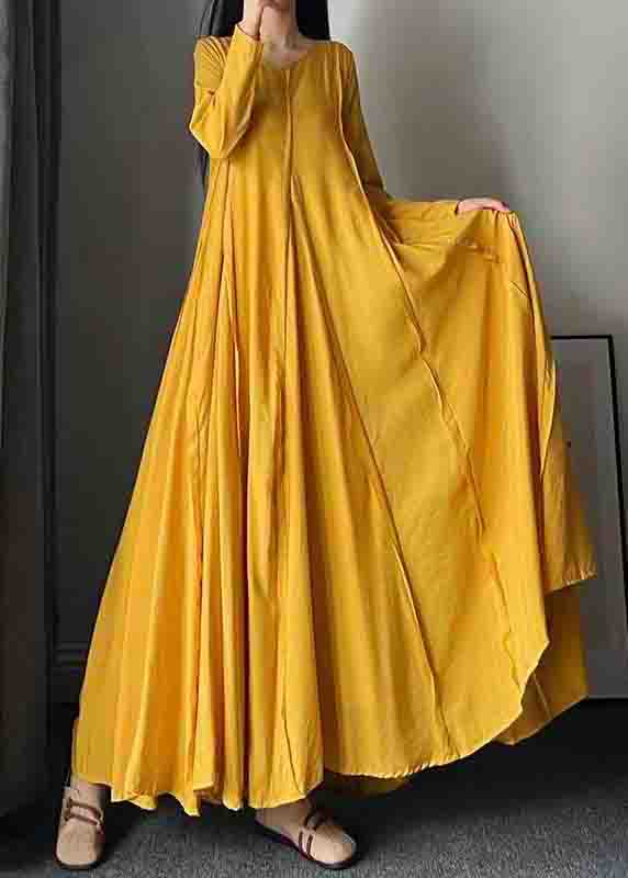 New Yellow O Neck Wrinkled Patchwork Cotton Exra Large Hem Dress Fall