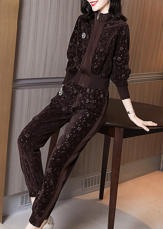 Coffee Zip Up Print Pockets Velour Two-piece Set Spring