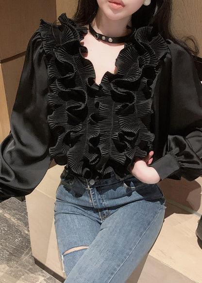 White V Neck Ruffled Chiffon Blouses Spring