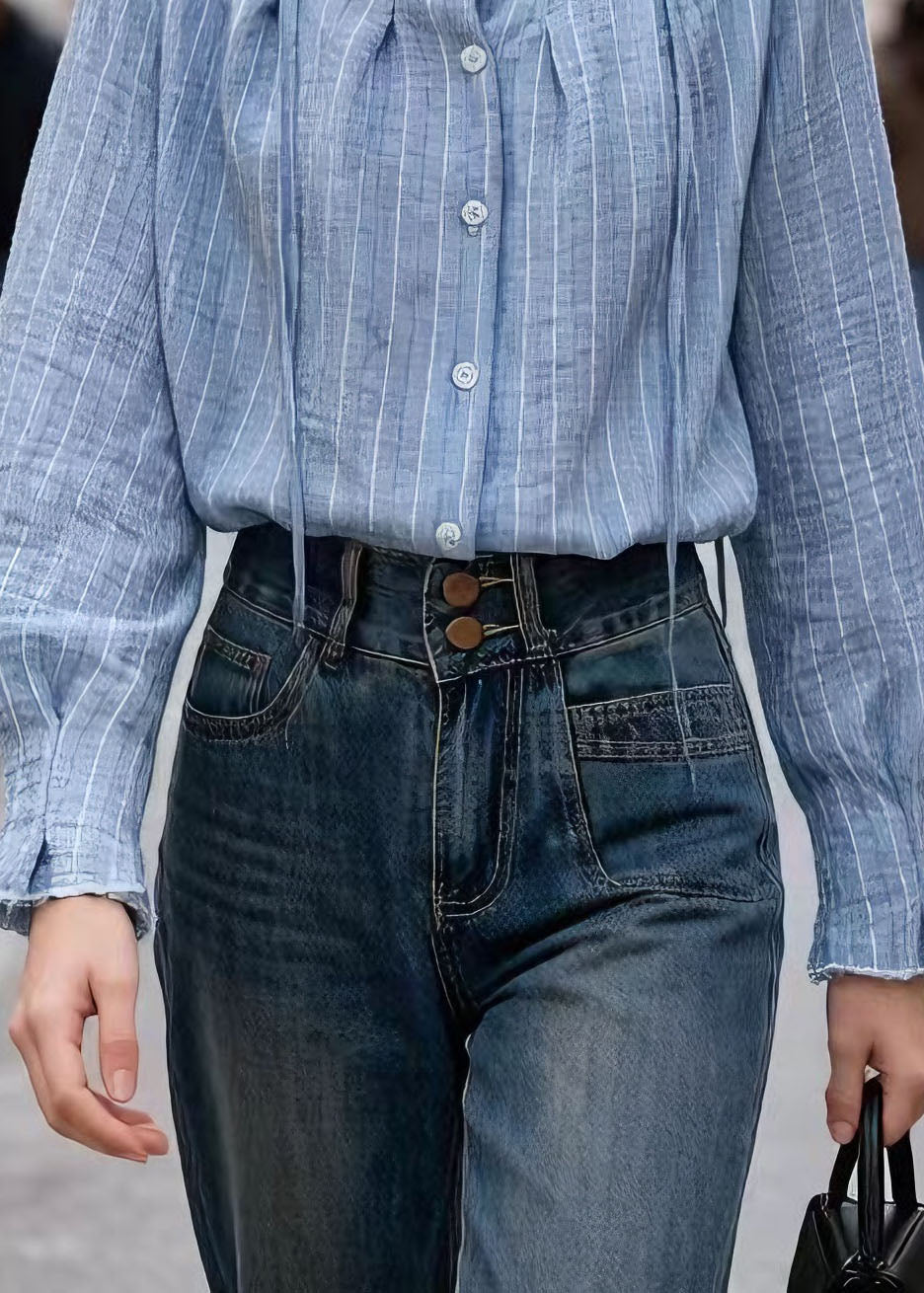Natural Blue O Neck Striped Cotton Shirt Top Spring