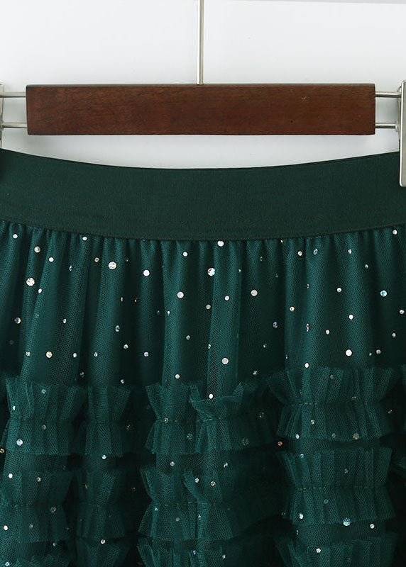 Green Elastic Waist Sequins Ruffled Tulle Skirts Spring