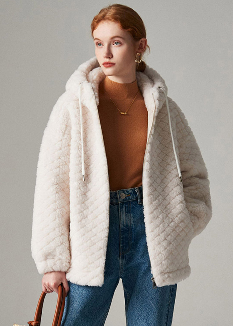 White Zippered Faux Fur Hooded Coat Winter