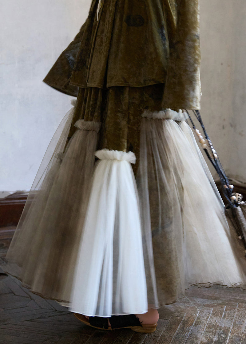 Green Ruffled Elastic Waist Tulle Patchwork Silk Velvet Skirts Winter