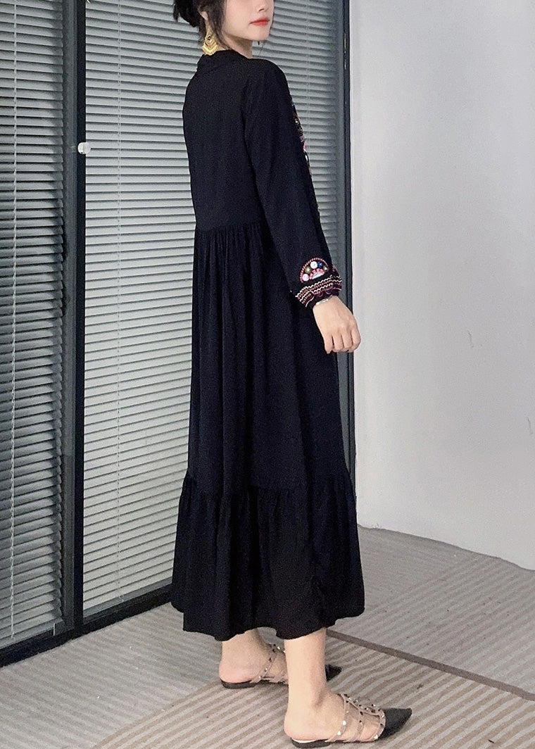 Black Tasseled Cotton Long Dress Embroidered Long Sleeve