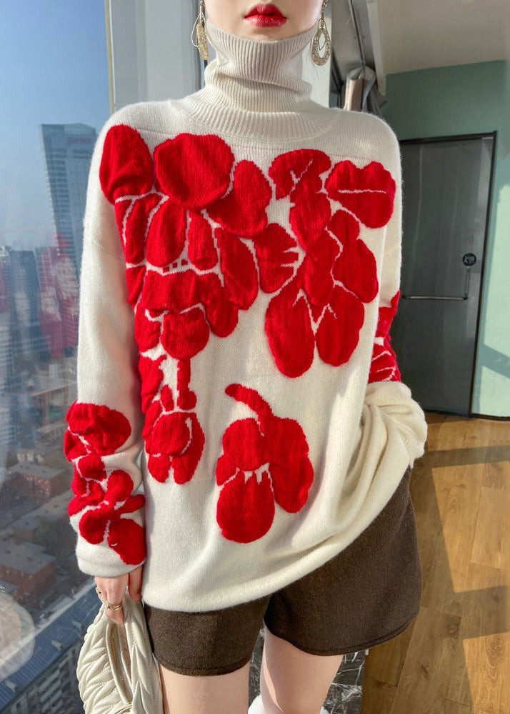 White Turtleneck Patchwork Cotton Wool Knit Shirts Long Sleeve
