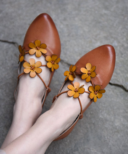 Brown Flat Shoes for Cowhide Leather Splicing Pointed Toe