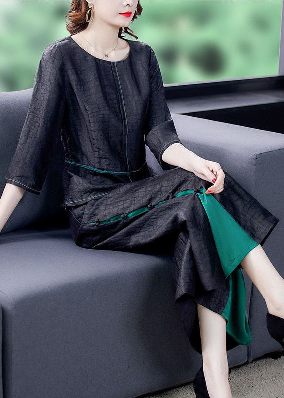 Black Asymmetrical Patchwork Wrinkled Silk Two Piece Suit Set Summer