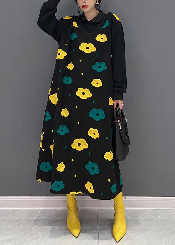 Black Peter Pan Collar Patchwork Print Cotton Fake Two Piece Dress Spring