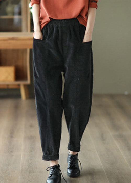 Black Elastic Waist Patchwork Pockets Corduroy Pants Spring