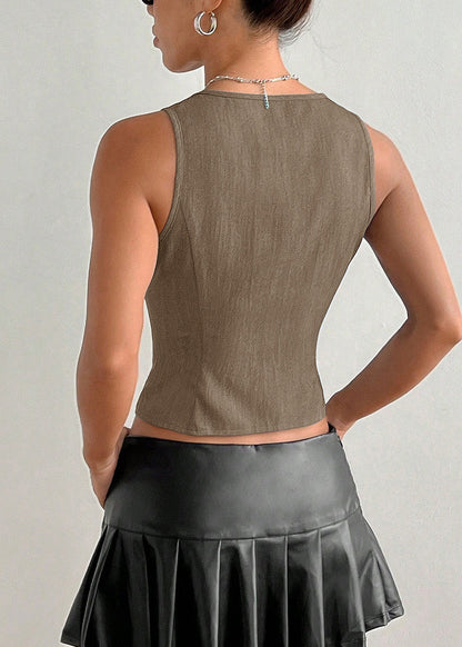 Khaki V Neck Lace Up Cotton Blouse Top Sleeveless
