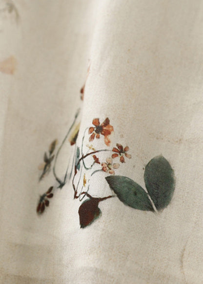 Beige Stand Collar Print Linen Tops Summer