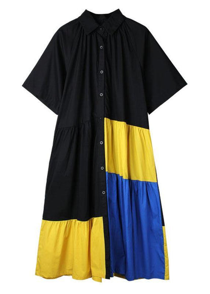 Art Black Patchwork Peterpan Collar Button Summer Cotton Dress Half Sleeve