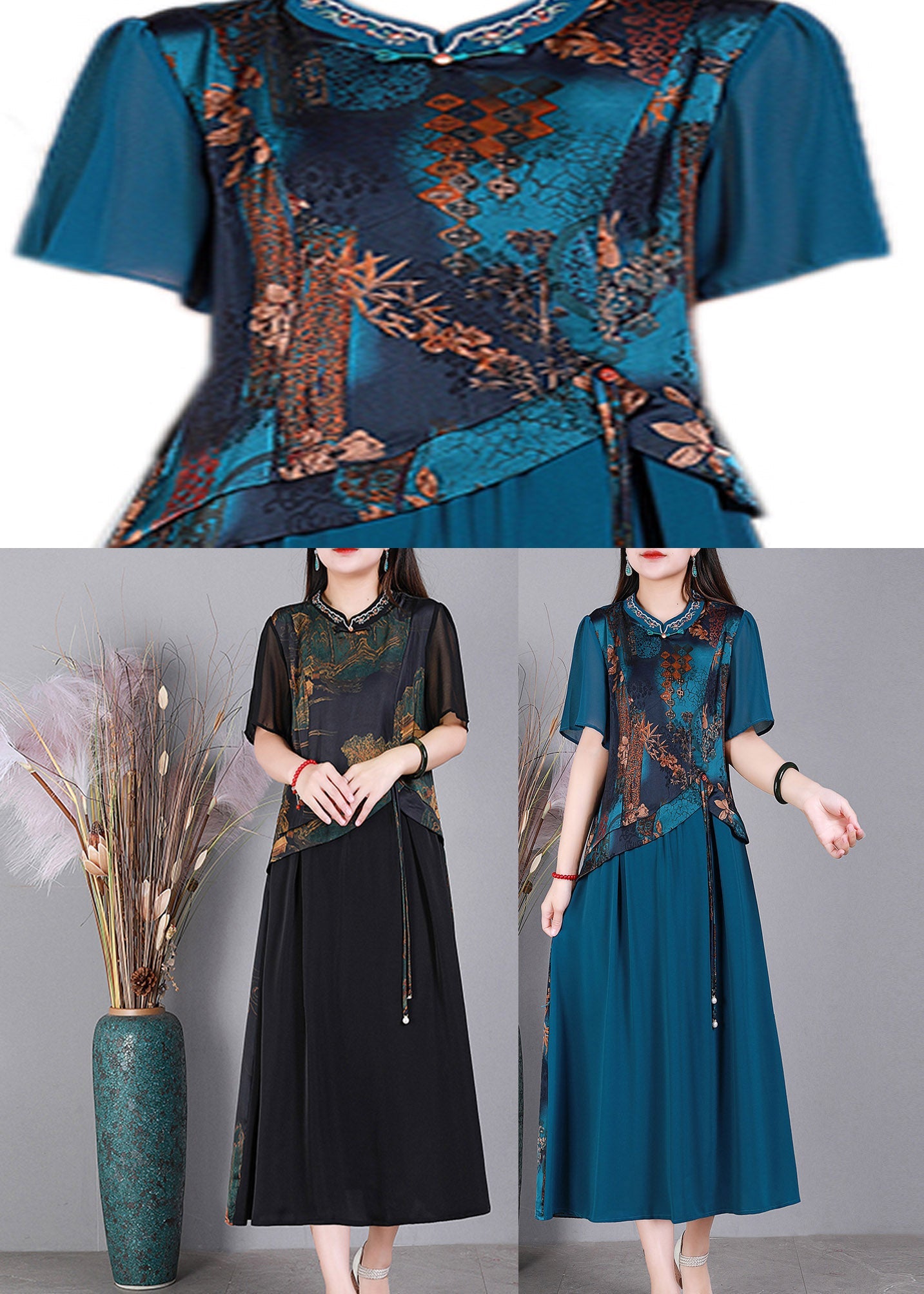 Blue O-neck Print Silk Long Dresses Short Sleeve