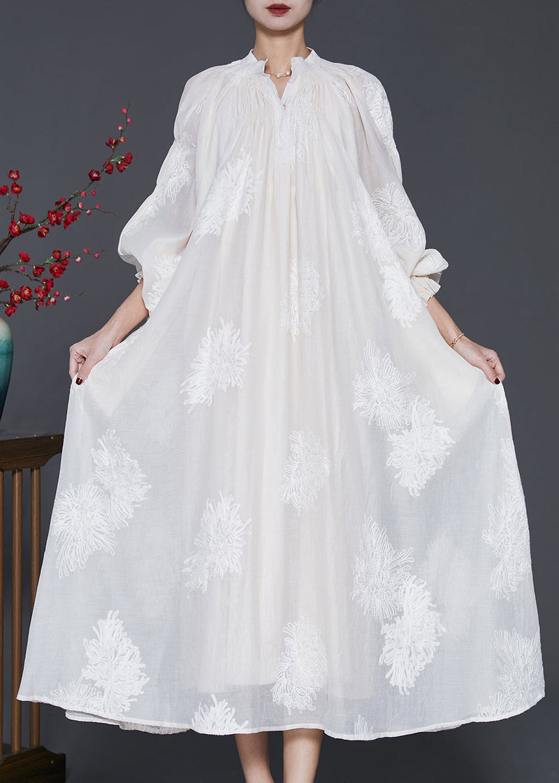 White Embroidered Silk Maxi Dress Lantern Sleeve