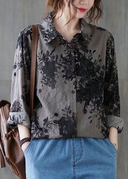 Unique Black Flower Peter Pan Collar Button Print Fall Blouses Long Sleeve