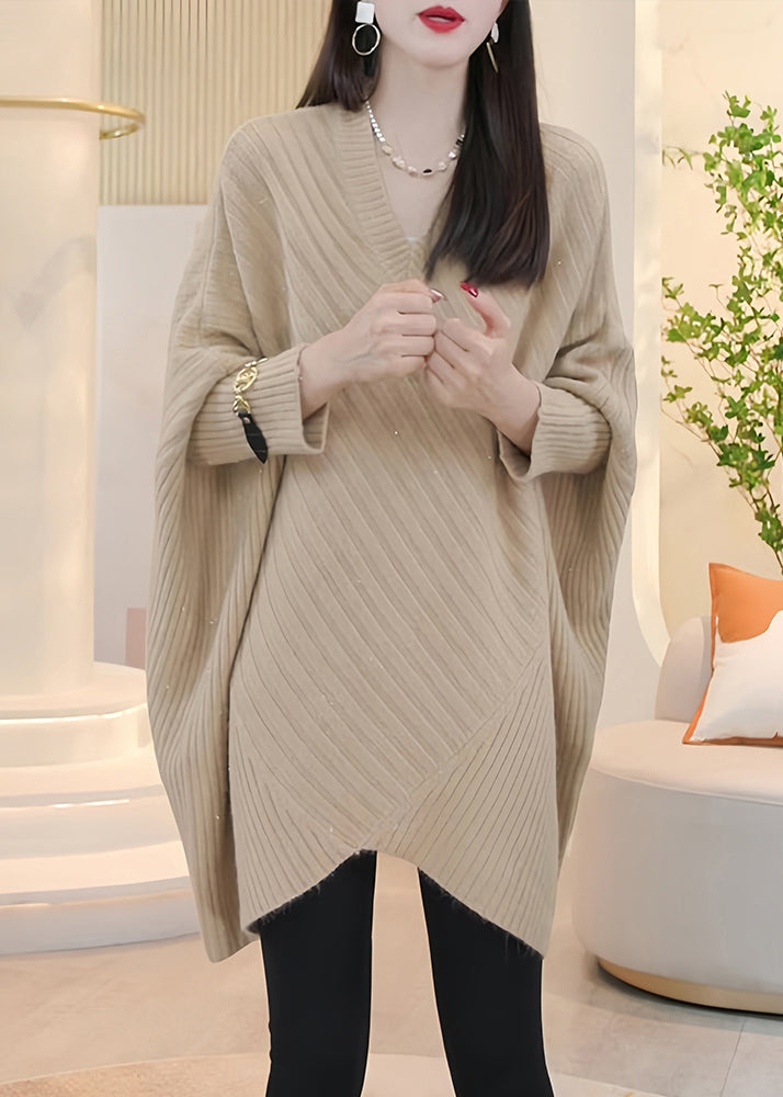 Loose Light Khaki V Neck Cozy Knit Sweater Batwing Sleeve Spring