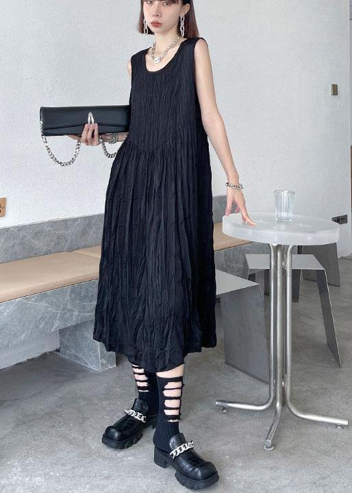 Natural Black Sleeveless Folds Maxi Dresses