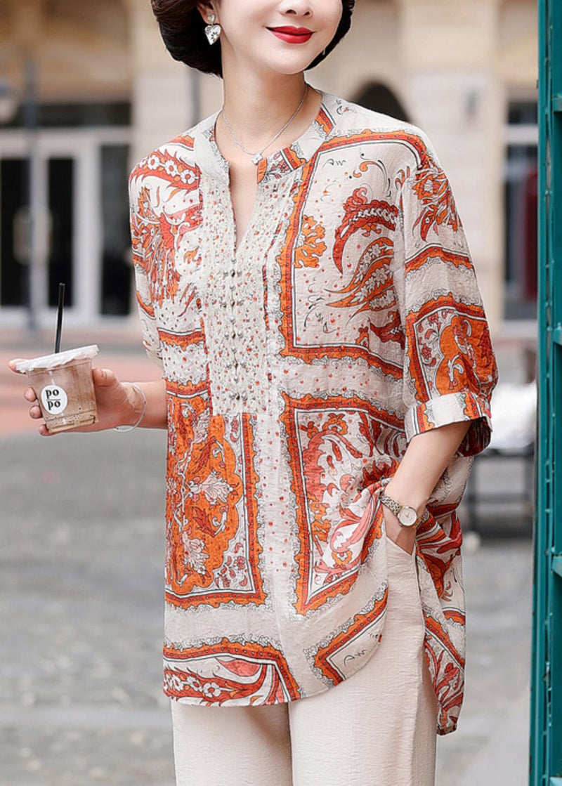 Orange V Neck Print Chiffon Shirt Top Summer