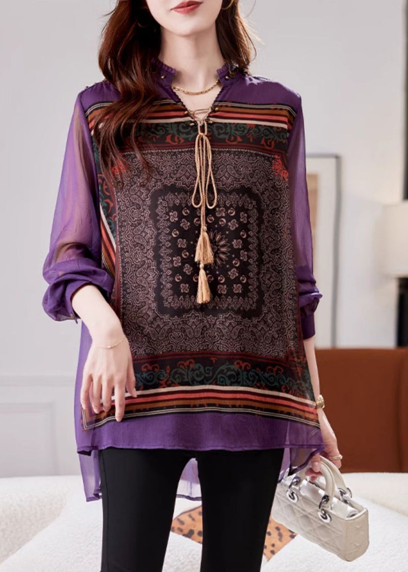 Loose Purple Low High Design Low High Design Chiffon Shirt Spring