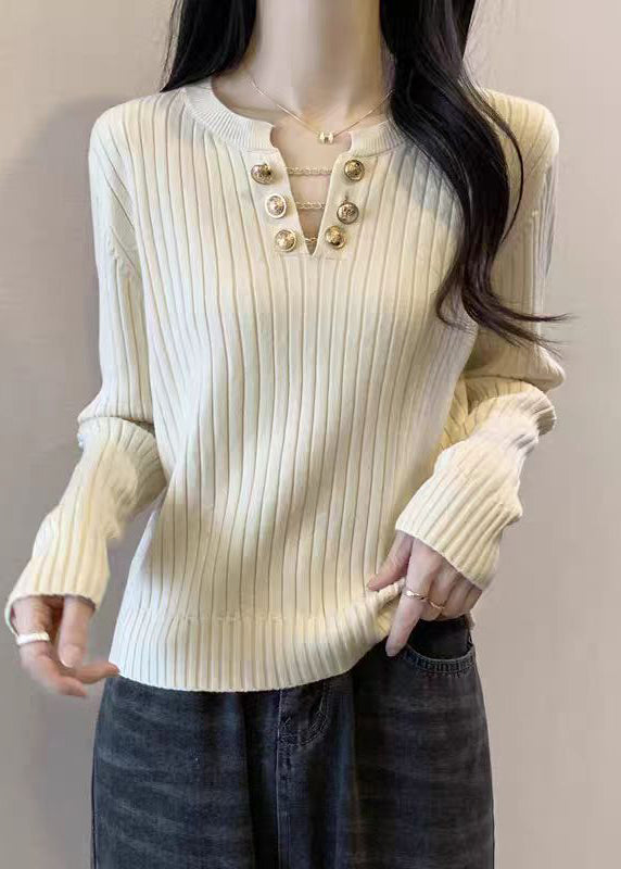 Boutique White V Neck Cotton Knit Sweater Spring