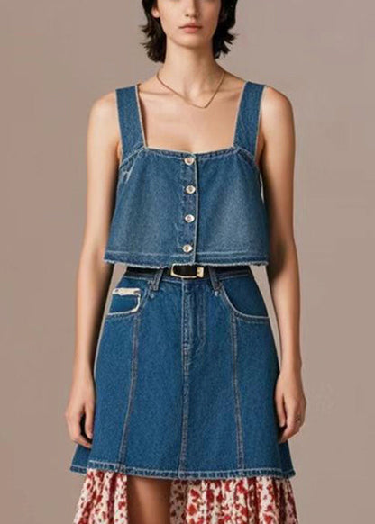 French Navy High Waist Patchwork Print Denim Skirt Fall