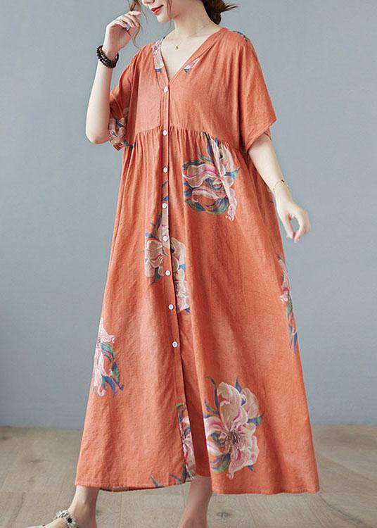 Orange Red V Neck Patchwork Summer Ankle Dress Half Sleeve