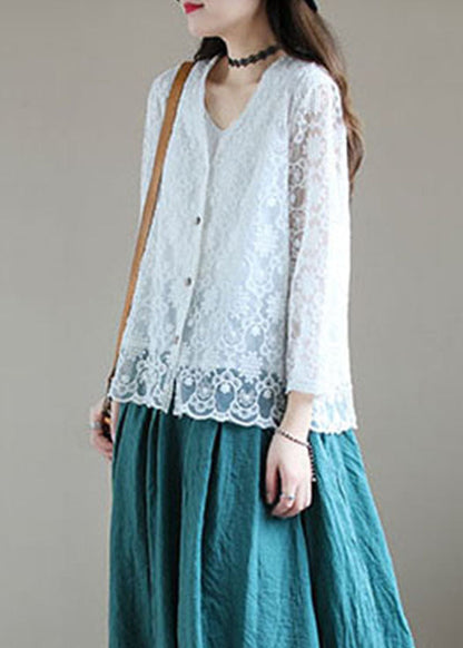 White V Neck Cotton Upf 50+ Cardigans Long Sleeve