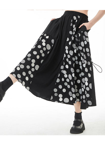 Style Black Asymmetrical Drawstring Pockets Dot Print a Line Skirt Summer