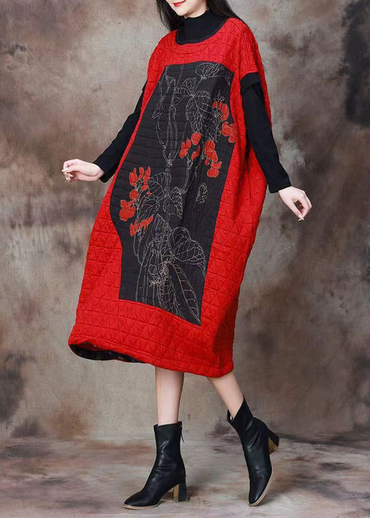 Red Print Patchwork Cotton Filled Dresses Long Sleeve