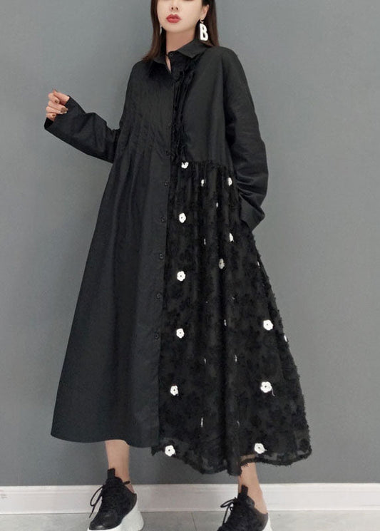 Black Lace Patchwork Shirt Dresses Spring